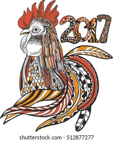 Chinese calendar for year of rooster 2017. Cock - Symbol of New Year 2017. Hand drawn vector illustration. Decorative ornament.