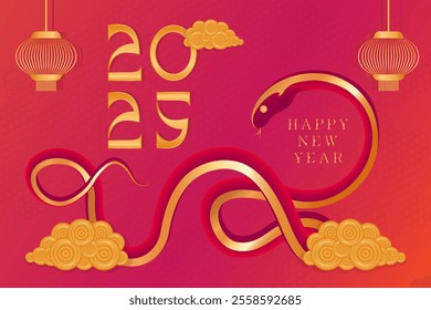 Chinese calendar for the year of the snake on an orange-pink background. A large red snake with gold on golden clouds, Chinese lanterns around. Large numbers 2025 in oriental style.