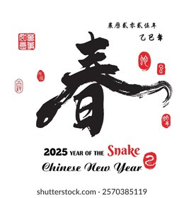 Chinese Calligraphy (chun) translation: Spring, Left side  red stamp image translation: Everything is going smoothly and Right side translation: Chinese calendar for the year of Snake 2025
 