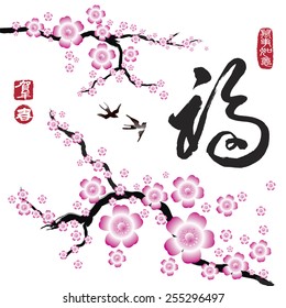 Chinese Calligraphy fu, Translation: good fortune. Right side Chinese seal translation: Everything is going very smoothly. Left side Chinese seal translation: spring. Celebrate the Year.