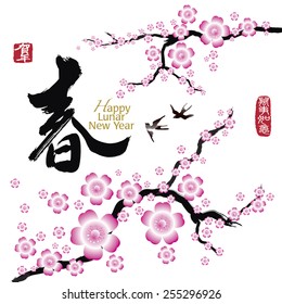 Chinese Calligraphy fu, Translation: good fortune. Right side Chinese seal translation: Everything is going very smoothly. Left side Chinese seal translation: spring. Celebrate the Year.