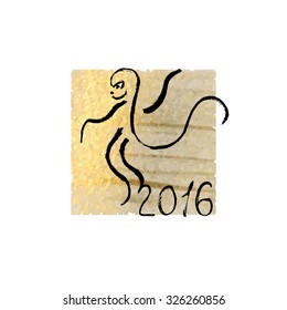 Chinese Calligraphy Monkey on abstract gold acrylic texture. Chinese New Year 2016, Monkey year. Vector illustration.