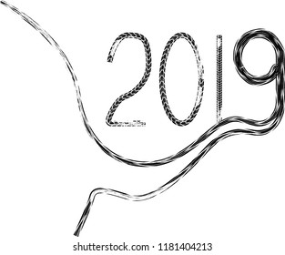 Chinese calligraphy . Stylish tail pigs, Tire Tracks . New year 2019. Car tread silhouette.
