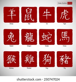 Chinese calligraphy zodiac on red background. Hieroglyphics year. Vector illustration.