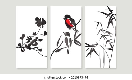 Chinese Canvas Art Print. Japanese Art. Triptych wall art vector. China Poster, Watercolor view design with couple birds and bamboo tree design for  Home Decor, Office Art and wallpaper.