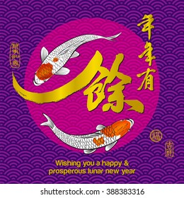 Chinese Carp Ink Painting, Chinese calligraphy translation: Have a abundant year after year. Lefttside seal translation: Everything is going very smoothly. Rightside seal: Good fortune & auspicious.