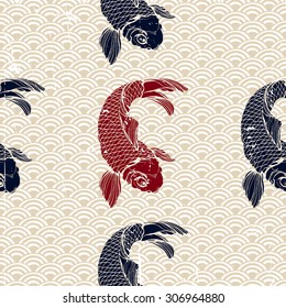 Chinese carp seamless pattern. Vector bicolor  ink background with the fish