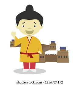 Chinese cartoon character with The Great Wall of China. Vector Illustration. Kids History Collection.