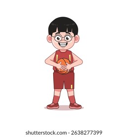 Chinese Cartoon cute little boy playing basketball Hold and Keep Ball