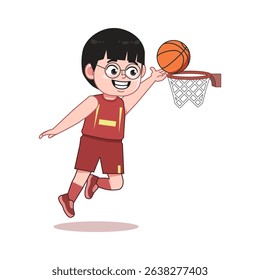Chinese Cartoon cute little boy playing basketball Lay Up Score