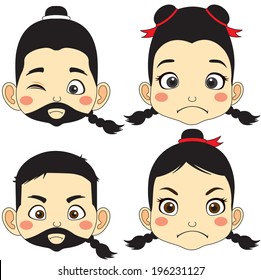 Chinese Cartoon Face Male And Female, Vector Illustration.