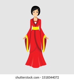 Chinese cartoon girl character in beautiful traditional clothes. Chinese woman vector illustration. Happy Chinese New Year