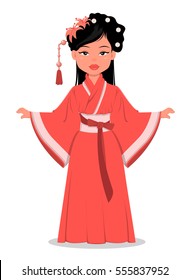 Chinese cartoon girl character in beautiful traditional clothes and with flowers in her hair. Chinese woman vector illustration. Happy Chinese New Year. EPS10