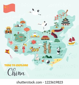 Chinese cartoon vector map with famous destinations, animals, landmarks, symbols, elements