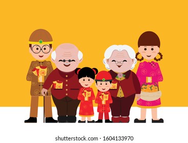 Chinese cartoons family with Red Envelopes, Traditional Celebration, Happy Chinese New Year,  vector illustration.