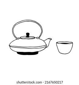 Tetera de hierro fundido china y taza de té pequeña, ilustración vectorial aislada en fondo blanco