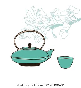 Tetera de hierro fundido china y taza de té pequeña con flor de cerezo, ilustración vectorial aislada en fondo blanco