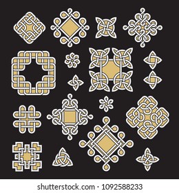 Chinese and celtic endless knots and patterns vector set. Black, white and gold decorative ornate elements illustration
