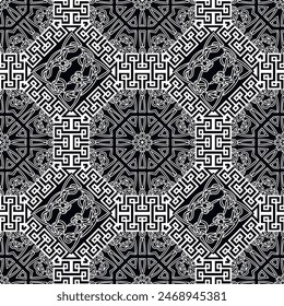 Chinese and celtic style mandalas seamless pattern with traditional meanders, frames, borders, knots. Vector ornamental ethnic greek style background. Chinese mandalas ornaments. Endless texture.
