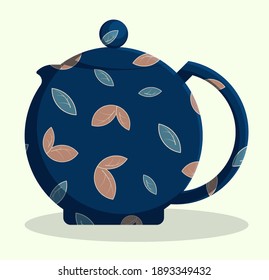 Chinese ceramic teapot with floral ornament for tea drinking. Kitchenware, breakfast utensils. Vector in flat style