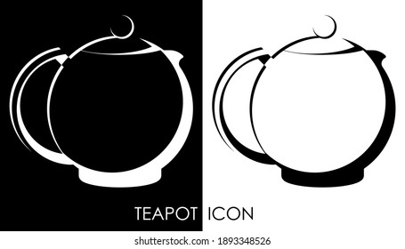 Chinese ceramic teapot icon for tea drinking. Kitchenware, breakfast utensils. Black and white vector