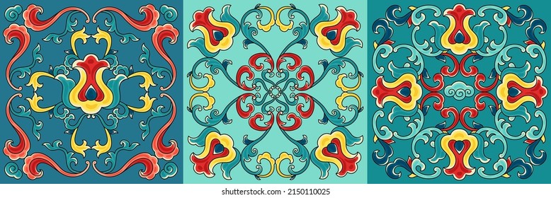 Chinese ceramic tile pattern. Oriental traditional floral ornament. Wall or floor texture.