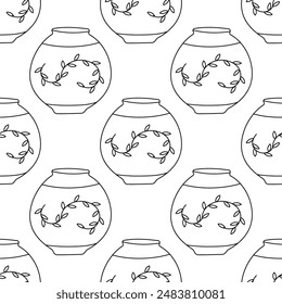Chinese ceramic traditional Vase with painted branches and leaves. line, doodle, coloring Seamless pattern on a white background. Hand drawn vector illustration.
