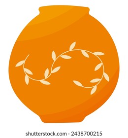 Chinese ceramic traditional Vase with paintings of threads and leaves. Icon element. Simple symbol isolated on white background. Hand drawn vector illustration.