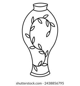 Chinese ceramic traditional Vase with paintings of threads and leaves. Icon element line, doodle, coloring . Simple symbol isolated on white background. Hand drawn vector illustration.