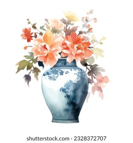 Chinese ceramic vase with flower arrangement in watercolor illustration