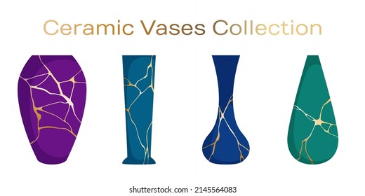 Chinese ceramic vases vector collection. Pottery ceramic vases for flower ikebana with gold line kintsugi patterns. Interior decor pottery. Elegant clay pots illustration set.