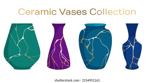 Chinese ceramic vases vector collection. Pottery ceramic vases for flower bouquets with gold line kintsugi patterns. Home decor pottery. Elegant bowls illustration set.