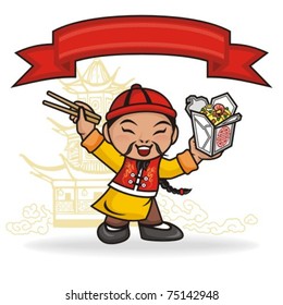 Chinese Character Eating Noodles.  A Chinese Male Cartoon Character Eating Take Out Food. You Can Write Anything You Want In The Top Banner.