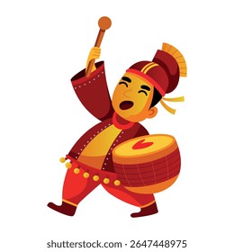 Caractere chinês apreciando bateria, ilustração de estilo plano