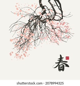 Chinese character translates as Spring. Spring landscape in the style of Japanese or Chinese watercolors with flowering tree branches on a light backdrop. Abstract vector illustration