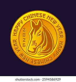 The Chinese character for Year of the Horse on the golden coin, Zodiac symbol 2026 new year, Chinese lucky coin with horse silhouette