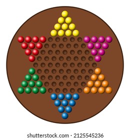 Chinese checkers game board, with rainbow colored marbles. Also known as sternhalma, or Chinese chequers. A strategy board game of German origin, a modern and simplified variation of the game .