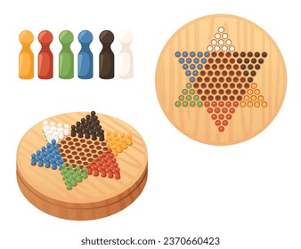 Chinese checkers with round wooden board vector illustration isolated on white background