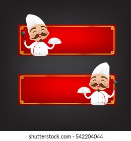Chinese chef cartoon have smile with red blank banner vector illustration eps10