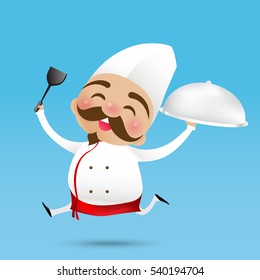 Chinese chef cartoon holding the Turner and served the food with happy smile vector illustration eps10