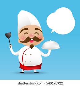 Chinese chef cartoon holding the Turner and served the food with happy smile vector illustration eps10