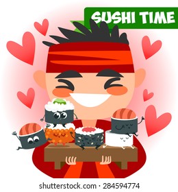 Chinese chef in a kimono with a traditional edoy.Sushi and rolls. Smiley character in cartoon style. Asian cuisine.