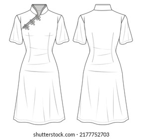 Chinesisches Cheongsam-Kleid, Chinesisches Kurzschlauchkleid, Front- und Rückansicht. Mode Illustration Vektorgrafik, CAD, Technische Zeichnung, Flachzeichnung.