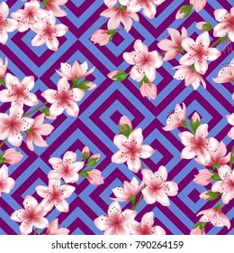 Chinese cherry blossom patter with blue geometric seamless vector background. Delicate sakura branch textile, apricot blossom fabric, japanese cherry spring flowering trees textile vector pattern.