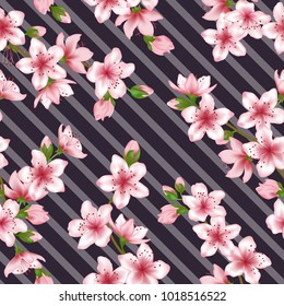 Chinese cherry blossom patter, dark grey geometric seamless vector background. Tender pink sakura branch textile, apricot blossom fabric, apple flowers spring trees linen fabric.