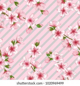Chinese cherry blossom patter, geometric seamless vector background. Cool sakura branch textile, apricot blossom fabric, japanese cherry spring flowering trees repeating background.