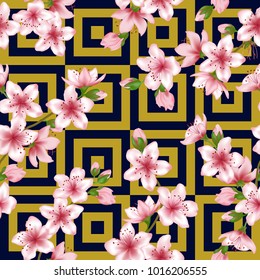 Chinese cherry blossom patter, gold and dark blue geometric seamless vector background. Cool sakura branch textile, apricot blossom fabric, japanese cherry spring flowering trees tablecloth pattern.