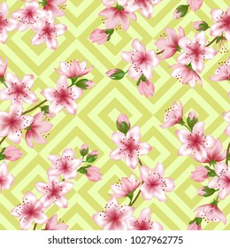 Chinese cherry blossom patter, green geometric square seamless vector background. Cool pink sakura branch textile, apricot blossom fabric, apple flowers spring tablecloth pattern.