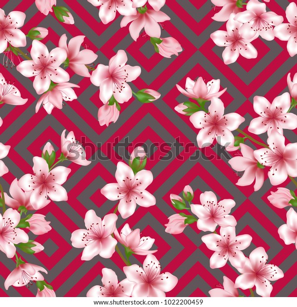 Chinese Cherry Blossom Patter Grey Red Stock Vector Royalty Free