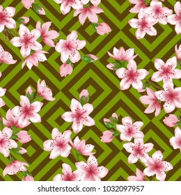 Chinese cherry blossom patter, khaki geometric seamless vector background. Creative sakura branch textile, pink apricot blossom fabric, apple flowers spring trees tablecloth pattern.